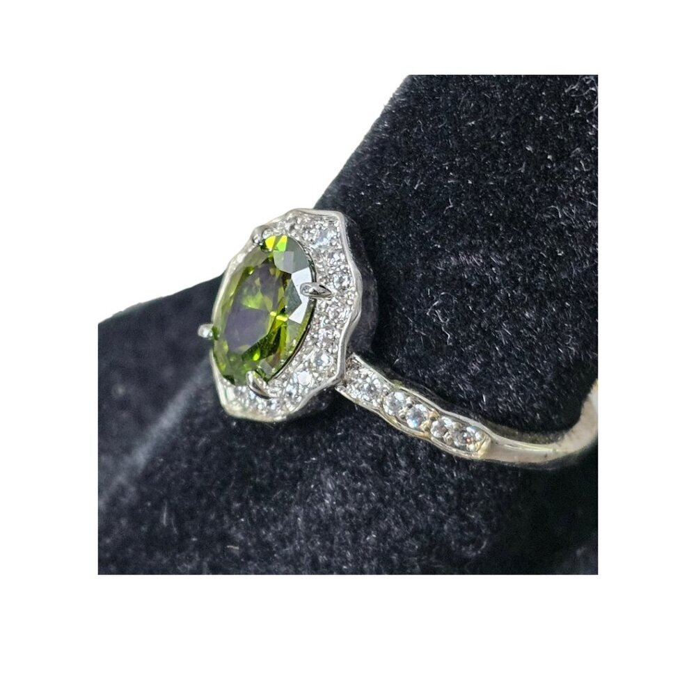 Silver Tone White Topaz Smokey Olive Tourmaline Halo Diamante CZ Ring New Size 7